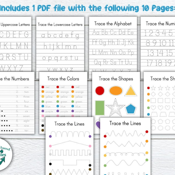 Printable Tracing Worksheet Bundle Alphabet Number Letter Color Shape Sheet Sheets Book ABC Preschool Trace K4 Handwriting Practice Template