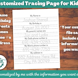 Customized Tracing Sheet Handwriting Practice Personalized Name Address Phone Number Parents Names Custom Trace Worksheet Printable Kids PDF