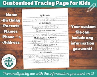 Folha de rastreamento personalizada, prática de escrita, nome personalizado, endereço, número de telefone, nomes dos pais, planilha de rastreamento personalizado, impressão infantil, pdf