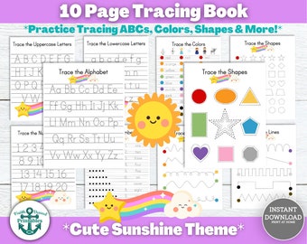 Printable Tracing Worksheet Bundle Cute Sunshine Alphabet Number Letter Color Shape Tracing Book Kids Preschool Trace Handwriting Template