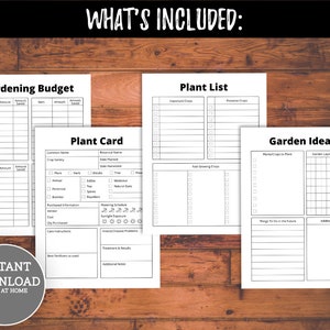 May include: Printable gardening planner pages with sections for a gardening budget, plant list, plant card, and garden ideas. The pages are black and white and have a simple design.