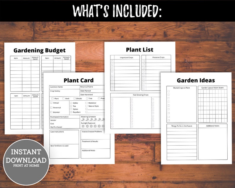 May include: Printable gardening planner pages with sections for a gardening budget, plant list, plant card, and garden ideas. The pages are black and white and have a simple design.