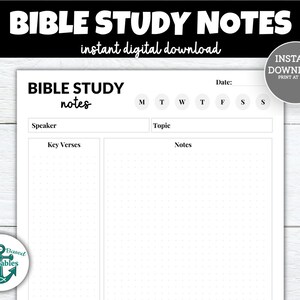 May include: Printable Bible study notes page with sections for speaker, key verses, topic, and notes. The page also includes a calendar with days of the week.