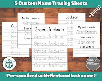 Paquete de hojas de rastreo de nombres personalizados Hojas de práctica de escritura a mano imprimibles Personalizadas Páginas de páginas de escritura de apellidos personalizados simples