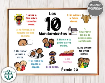 Los 10 Mandamientos Éxodo 20 Dez Mandamentos Espanhóis Sinal para impressão para crianças Arte de parede cristã Escola em casa cristã Bíblia para impressão Êxodo