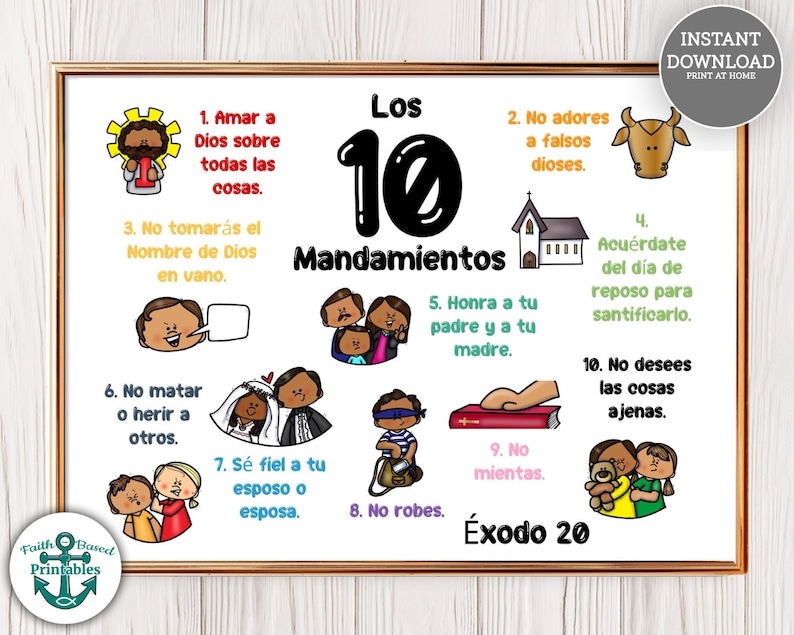 Los 10 Mandamientos Exodo 20 spanska tio budorden utskrivbar skylt för barn kristen väggkonst kristen hemundervisning utskrivbar bibel 2 Mosebok bild 1