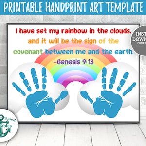 Genesis 9:13 Rainbow Handprint Art Template Printable Christian Homeschool Craft Kids Sunday School Painting Hand Prints Preschool Church
