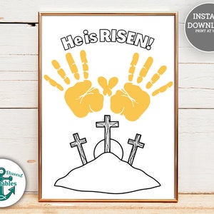 He Is Risen Easter Handprint Craft Matthew 28:6 Art Cross Christian Homeschool Printable Hand Print Keepsake Sunday School Activity Church