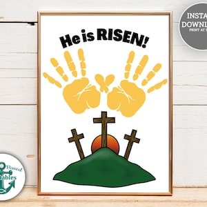 He Is Risen Easter Handprint Craft Matthew 28:6 Art Cross Christian Homeschool Printable Hand Print Keepsake Sunday School Activity Church