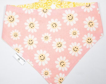 Pink happy face daisy  two  sided pet bandana, snap on bandana,, dog accessories, pet accessories