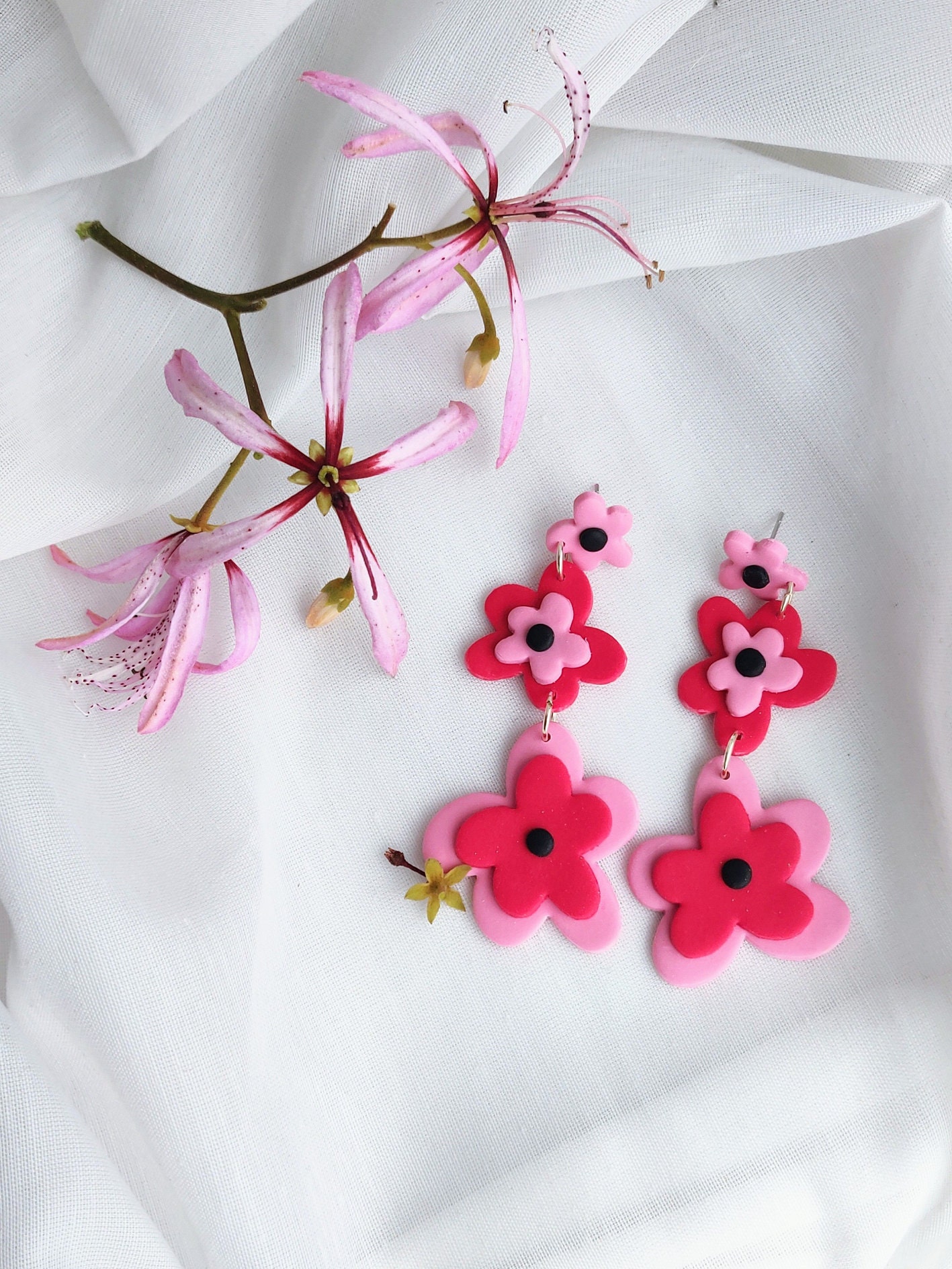 Handmade Polymer Clay Earrings Flower Dangles Floral Raspberry Sakura