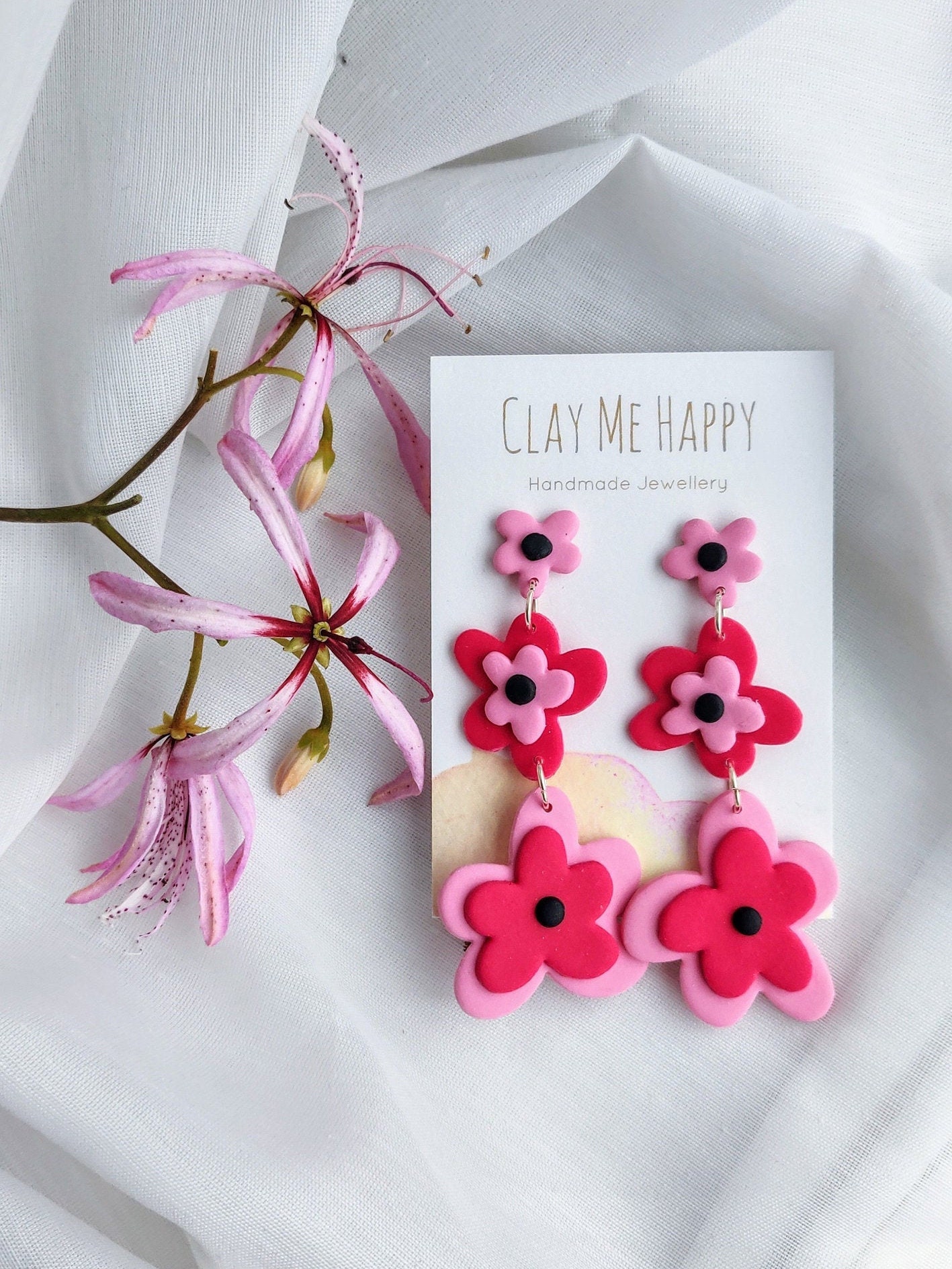 Handmade Polymer Clay Earrings Flower Dangles Floral Raspberry Sakura