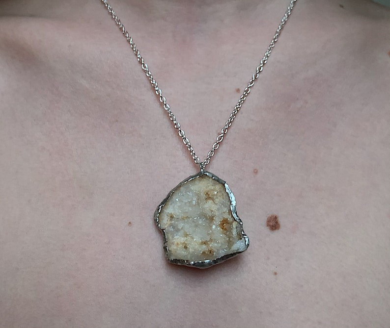 raw clear quartz crystal geode with citrine on necklace