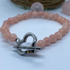Rose quartz bracelet with heart clasp I Valentine&#39;s Day gift I LIMITED