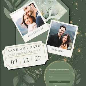 Puede incluir: Plantilla de invitación de boda verde con fotos de parejas, detalles florales y el texto "Save Our Date" con una fecha. Incluye un logotipo de Canva y un formulario de dirección postal.
