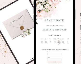 Pink Save the Date Website Template, Built-in Adress Collect Form Canva, Digital Save the Date, Watercolor Flowers, Dusty Pink