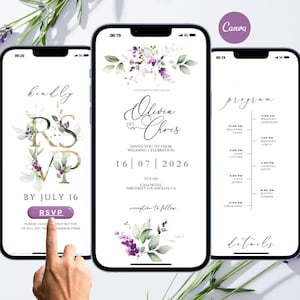 Puede incluir: Tres smartphones que muestran información relacionada con una boda. Las pantallas muestran un formulario de confirmación de asistencia, una invitación con detalles florales y un programa de la boda. Ramas de lavanda enmarcan los teléfonos. El logotipo de Canva es visible.