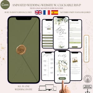 Może przedstawiać: Zielony smartfon prezentuje projekt strony internetowej ślubnej z funkcjami RSVP. Projekt zawiera kwiatowe akcenty, szczegóły ślubu i tekst "Olivia & Chris". Obraz pokazuje również pieczęć woskową z inicjałami "O&M".