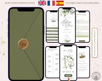Plantilla web para bodas con vegetación, RSVP con clic, multilingüe (Canva editable, descarga digital)