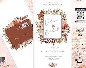 May include: Digital wedding invitation on a smartphone screen, featuring floral and botanical elements in shades of brown, peach, and white. The invitation includes the names Olivia & Caleb, date, time, and location. A matching envelope is also displayed.