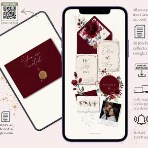 May include: Digital wedding invitation design with a burgundy envelope and gold wax seal. The design includes floral accents, a photo, and RSVP details. The design is displayed on a smartphone and tablet. The text "You are invited" is visible.