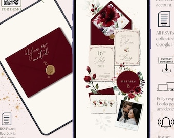 Burgundy Wedding Website Template Canva, Trackable RSVP Link, Clickable RSVP Form, Canva Website Template, Burgundy Wedding Invitation