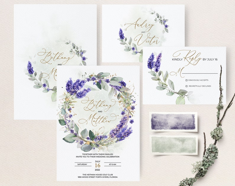 Greenery Lavender Wedding Invitation Template Editable Purple Wedding Invitation Lilac Invitation Invitation suite Lavender