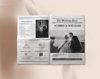 Wedding Newspaper Invitation Template, Newspaper Invitation, Newsprint Wedding, Custom Newsletter, Canva Newspaper, Wedding Post