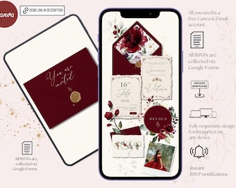 May include: Digital wedding invitation design featuring a burgundy envelope with a gold wax seal and the words "You are invited." The design includes floral accents, a smartphone mockup, and the Canva logo.