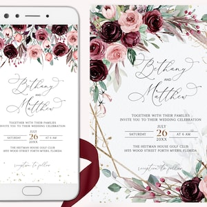 Burgundy Electronic Wedding Invitation Template, Marsala Invitation, Burgundy Electronic Invite, Marsala and Blush, invite evite