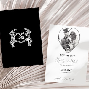Skull Save the Date Template, Gothic, Skeleton, Skull Bride Groom, Spooky, Halloween, moody, black, Witchy, Dark Wedding, Till Death