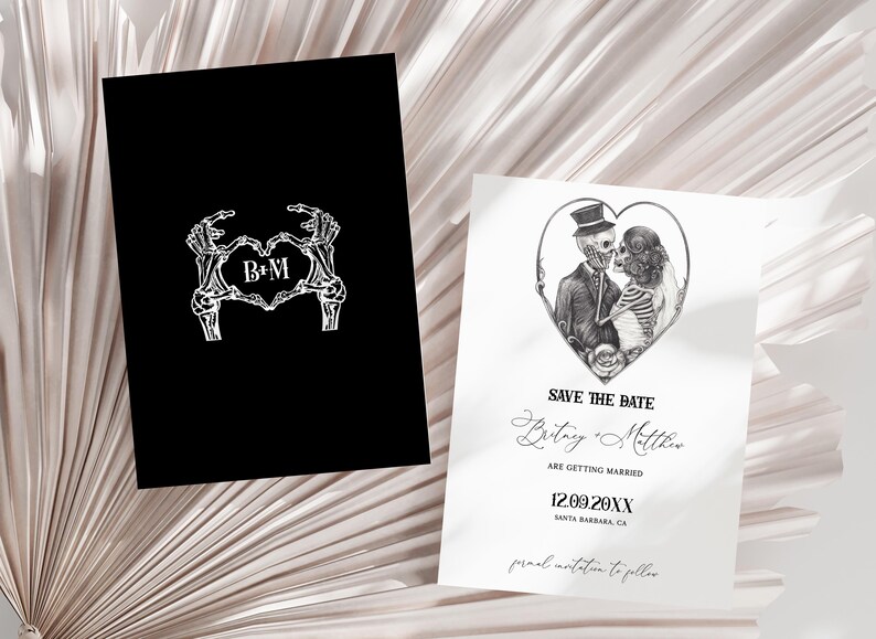 Skull Save the Date Template, Gothic, Skeleton, Skull Bride Groom, Spooky, Halloween, moody, black, Witchy, Dark Wedding, Till Death