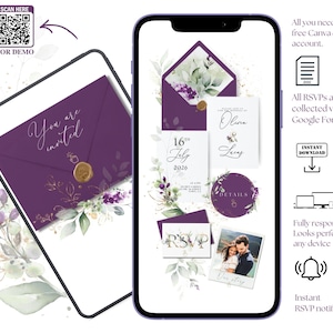 Puede incluir: Diseño digital de invitación de boda en un teléfono inteligente y una tableta. El diseño presenta un sobre morado con detalles dorados, elementos florales y el texto "You are invited". Tarjetas adicionales incluyen RSVP y detalles.