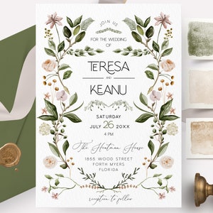 May include: Wedding invitation with floral design. The invitation features the names "Teresa and Keanu", date, time, and location. An olive green envelope with a gold wax seal and a white ribbon is also visible.