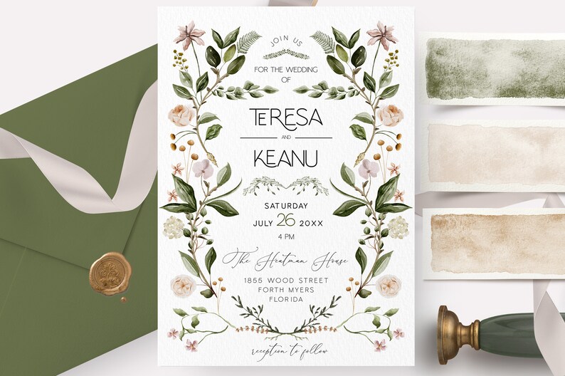 May include: Wedding invitation with floral design. The invitation features the names "Teresa and Keanu", date, time, and location. An olive green envelope with a gold wax seal and a white ribbon is also visible.