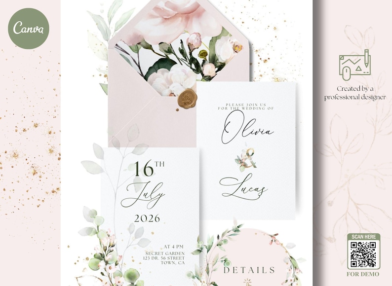 May include: Wedding invitation suite featuring a blush pink envelope with floral design, and matching cards. The invitation includes the names Olivia and Lucas, the date July 16, 2026, and the time and location of the ceremony. The design includes floral accents and gold details.