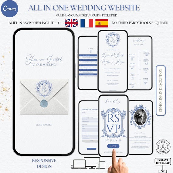 Canva Wedding Website Template, Clickable RSVP, Multilingual, Countdown (Canva Editable, Digital Download)