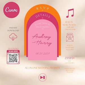 May include: A digital wedding invitation template with a pink and orange arch design. The invitation includes the names "Audrey and Harry" and the date "08.23.2027". Additional features include a music player, RSVP form, and countdown timer.