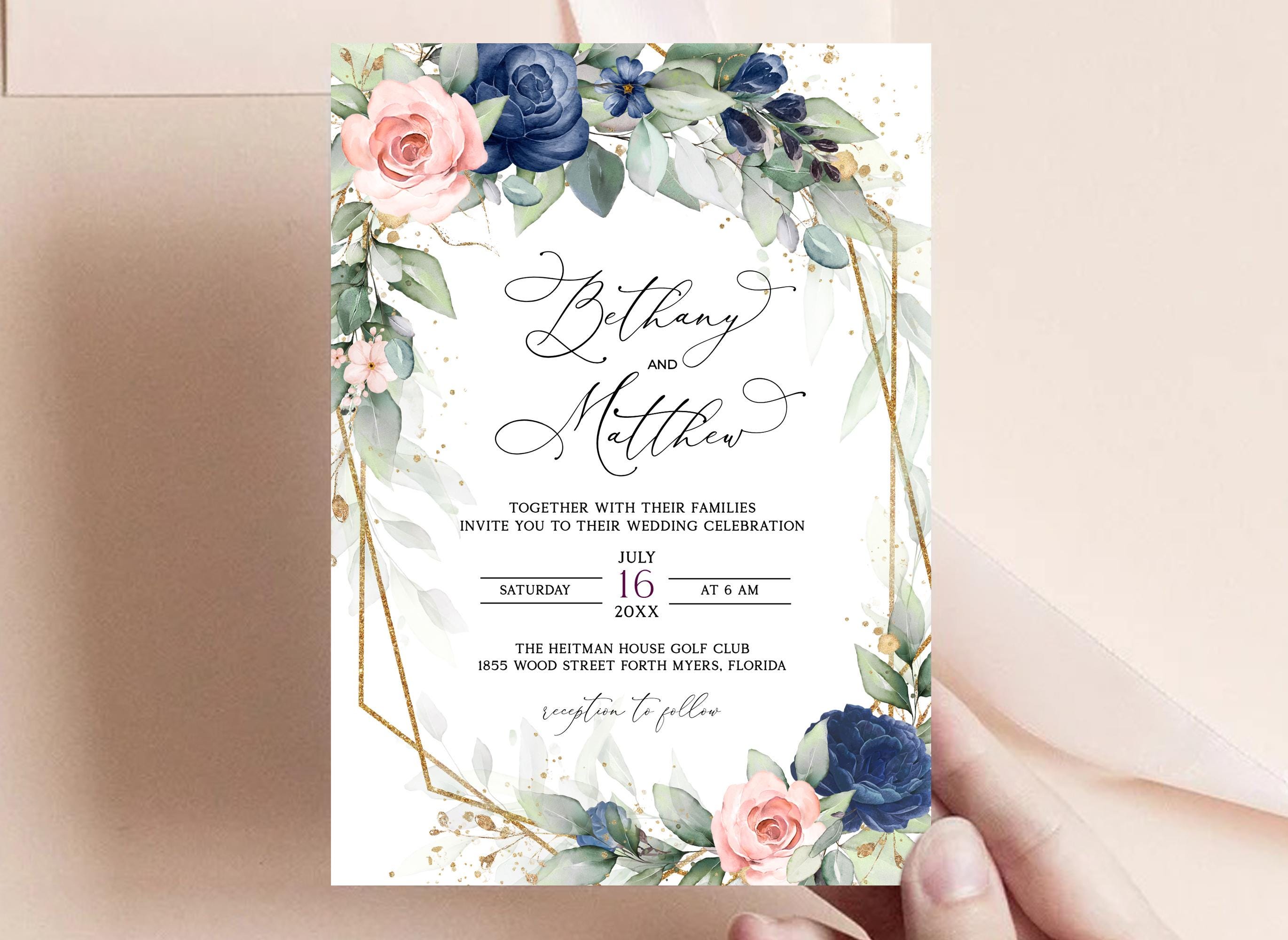 Navy Blush Wedding Invitation Template, Navy Blue Blush Pink, Navy Blush Wedding, Blue Wedding, Navy Wedding, Watercolor Roses, Gold Splash