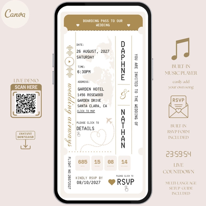 Passport Wedding Invitation Website Template, Online RSVP, Boarding Pass Card, Music, Destination, Luxury, Countdown Timer, Travel Theme