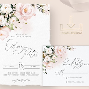 Blush Pink Wedding Invitation, Soft Pink, Watercolor, Elegant Pink Floral, Floral Invite , Instant Download, Printable Invitation