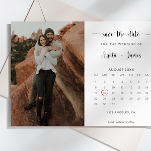 Modelo de cartão postal de calendário para salvar data, cartão de reserva de data editável faça você mesmo, reserva de data com foto, convite de noivado, convite minimalista