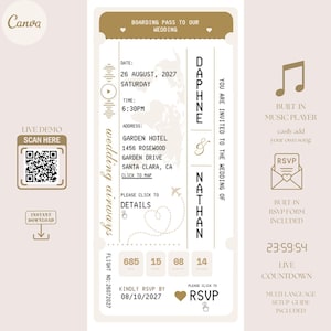 Passport Wedding Invitation Website Template, Online RSVP, Boarding Pass Card, Music, Destination, Luxury, Countdown Timer, Travel Theme