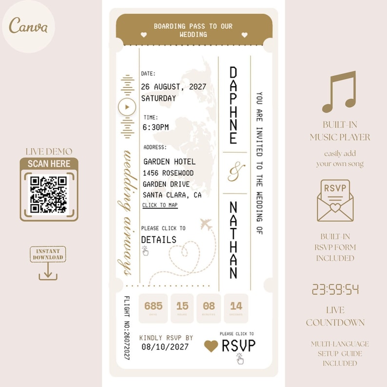 Passport Wedding Invitation Website Template, Online RSVP, Boarding Pass Card, Music, Destination, Luxury, Countdown Timer, Travel Theme