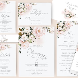 Blush Pink Wedding Invitation Suite, Pink Watercolor Roses, Greenery, Soft Pink, Brush Strokes, rsvp card, reception card, details, menu