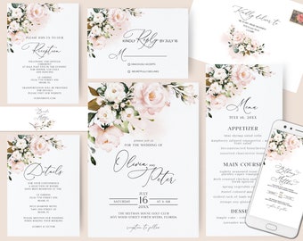 Blush Pink Wedding Invitation Suite, Pink Watercolor Roses, Greenery, Soft Pink, Brush Strokes, rsvp card, reception card, details, menu