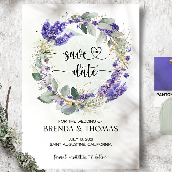 Lavender Save the Date Template, Purple Invitation Template, Lilac save The Date, Printable, Evite, Heart Lettering, Greenery, Watercolor