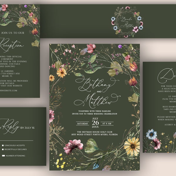 Wildflower Wedding invitation suite template, Forest invitation, Spring Flowers, Spring Wedding, sage green, Nature lover, Green and Gold