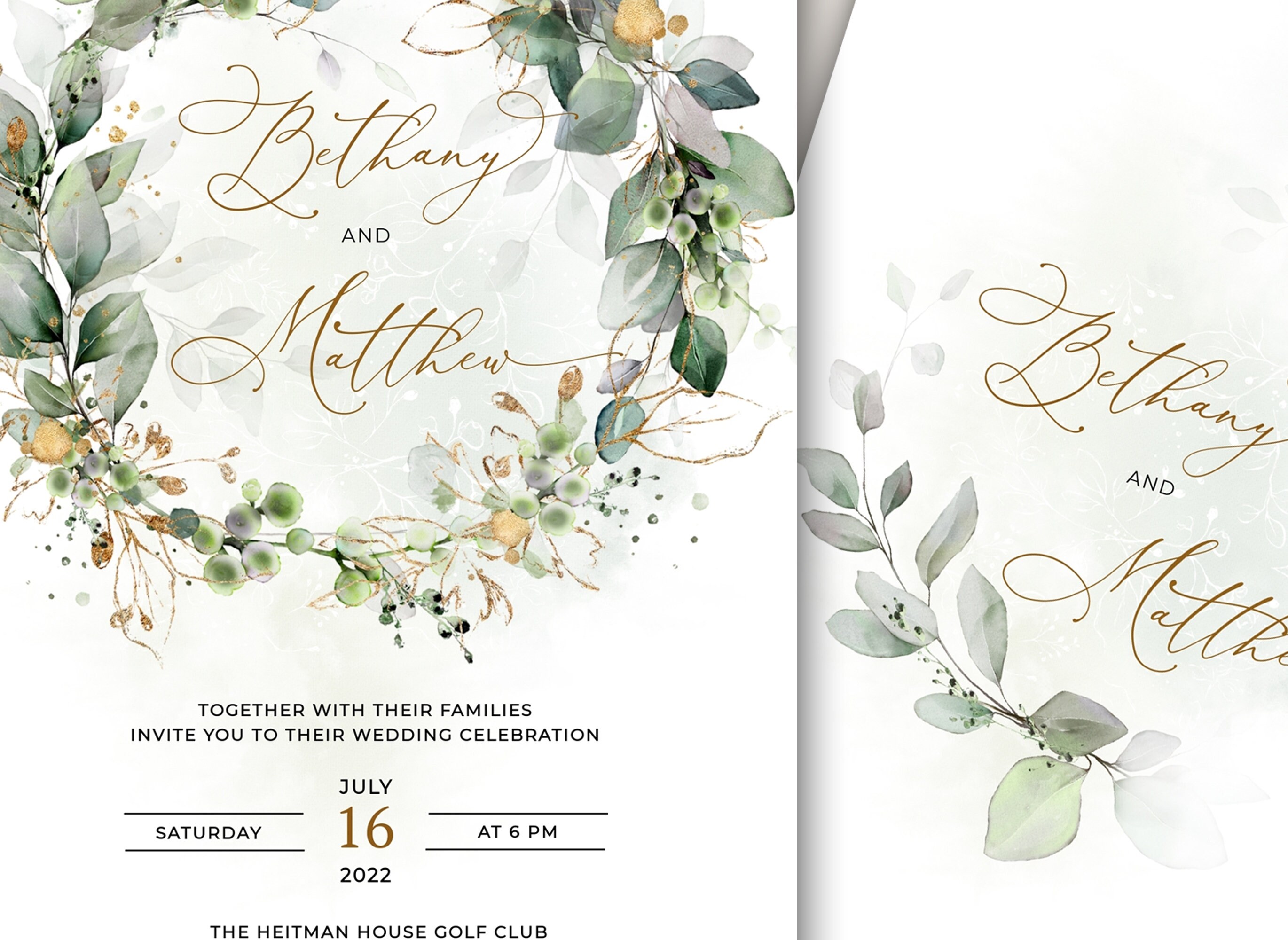Greenery Gold Wedding Invitation Template Boho Wedding Invite - Etsy
