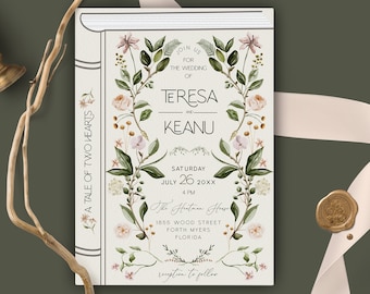 Book Cover Wedding Invitation Template, Literary Book Invite, Book Theme Wedding, Literary Book Invite, Library Wedding Invitation, bookworm